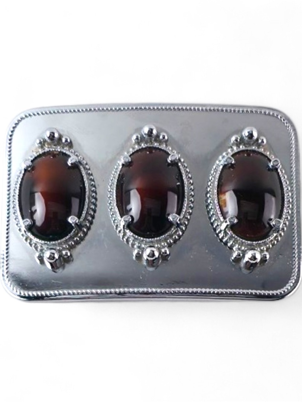 Vintage Western Triple Stone Silver Tone Belt Buckle - Faux Tiger's Eye